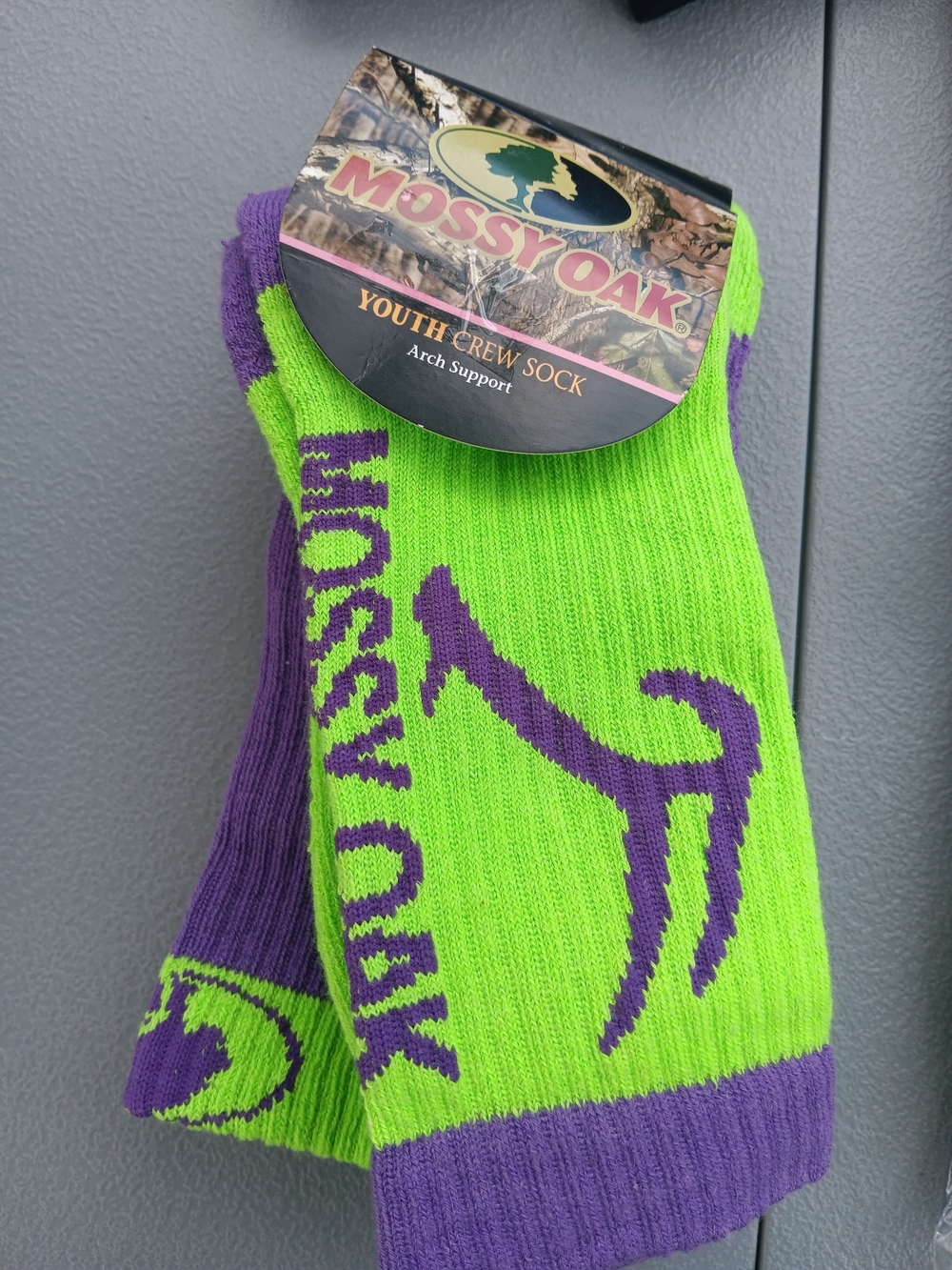 Mossy Oak Youth Crew Socks in Lime Green & Purple